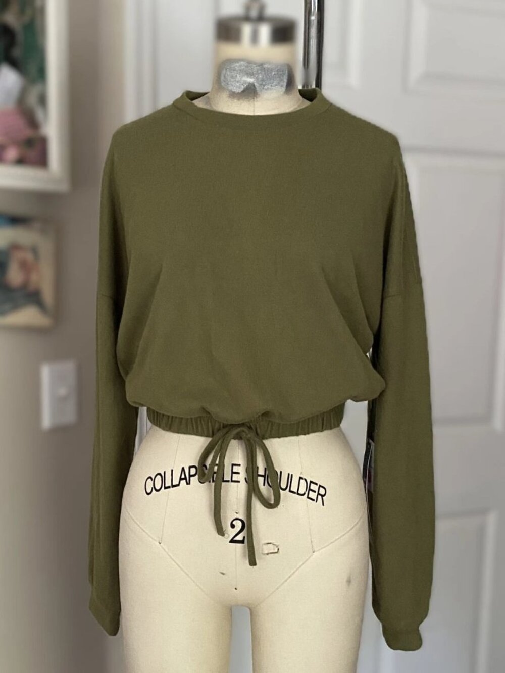 LOVE J Olive Green Drawstring Long Sleeve Y2K Crop Cropped Shirt TOP *MEDIUM*
